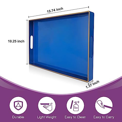 Blue Plastic Serving Tray with Handles, 15.7” x 10.2” x 1.37” U23412