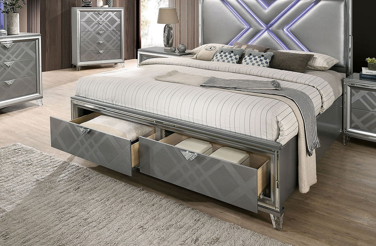Silver Eastern King Size Bed with LED Dresser Mirror USB 2x Nightstands 5pc Set B35381