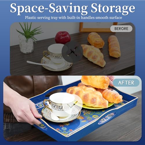 Blue Plastic Serving Tray with Handles, 15.7” x 10.2” x 1.37” U23412
