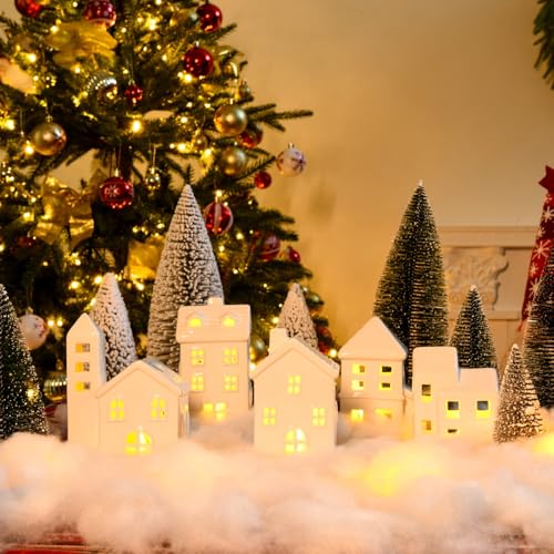 5 Pcs White Houses & 9 Pcs Trees & Fake Snow Ceramic Christmas Village Decorations H50005