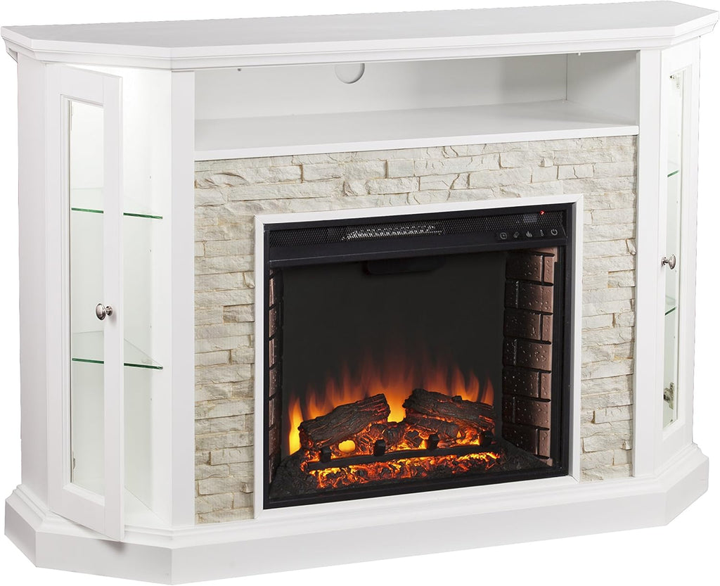 Fresh White Faux Stone Electric Media Storage Corner Fireplace P555