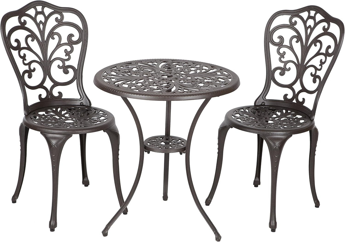 Cast Aluminum 3-Piece Bistro Set Two Chairs & Table Antique Bronze Finish V278924