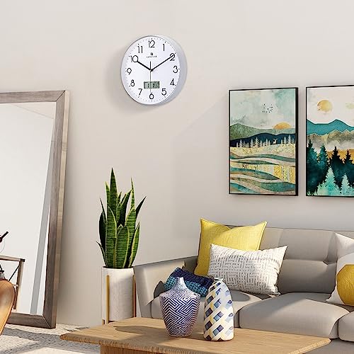 Black Wall Clock with Date Month Day of Week and Temperature Silent Non-Ticking Battery Operated Clock M279