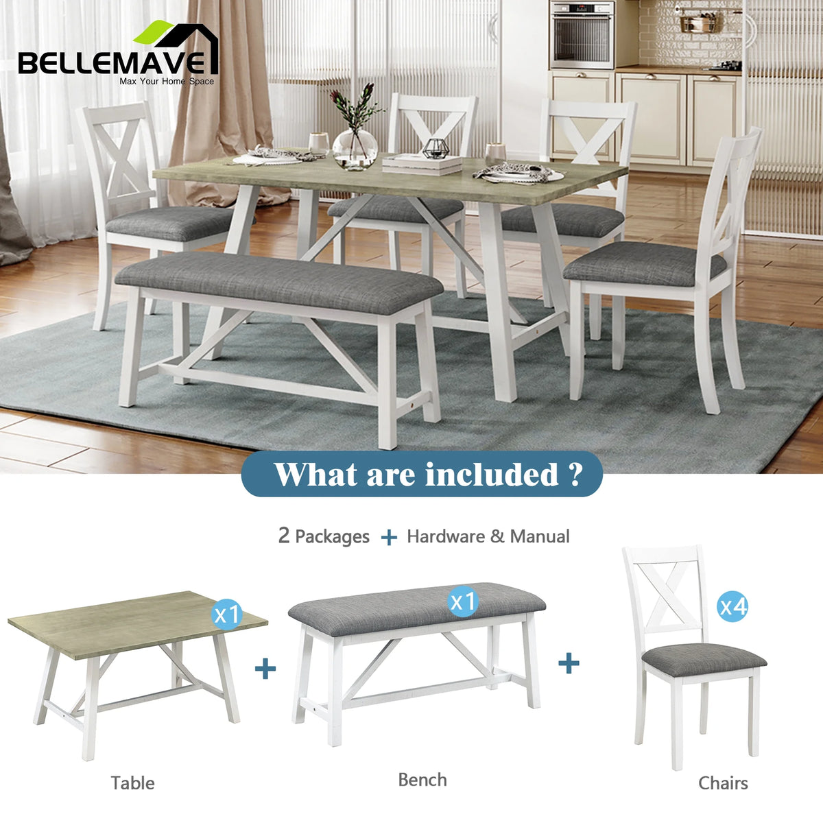 White 6 Piece Wood Counter Height Dining Table Set with 4 Chairs and a Bench R306