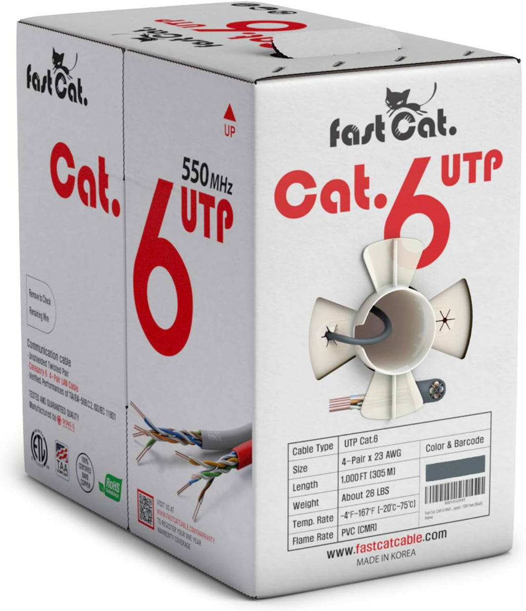 Cat6 Ethernet Cable 1000ft 23 AWG CMR Solid Bare Copper UTP LAN Cable Gray G1928
