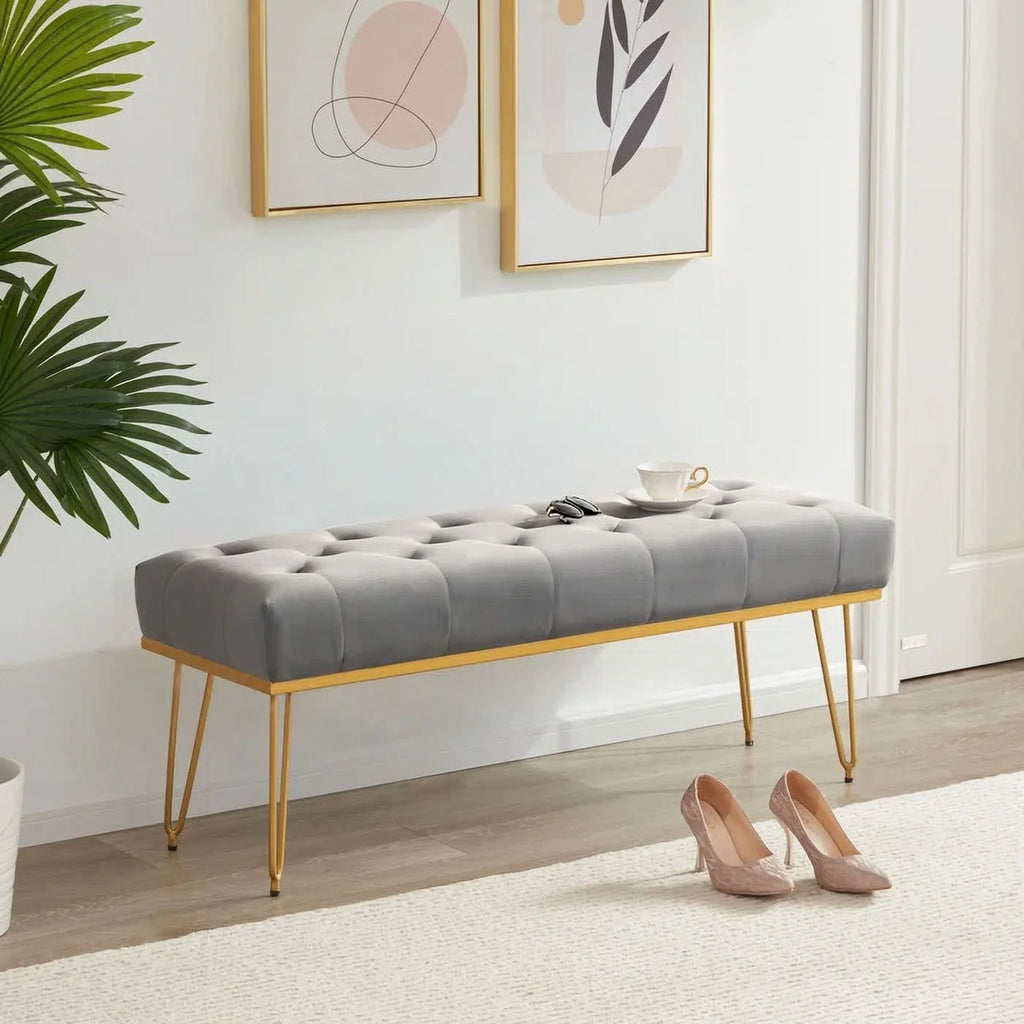 Gray and Golden Velvet Ottoman with Metal Base P714841