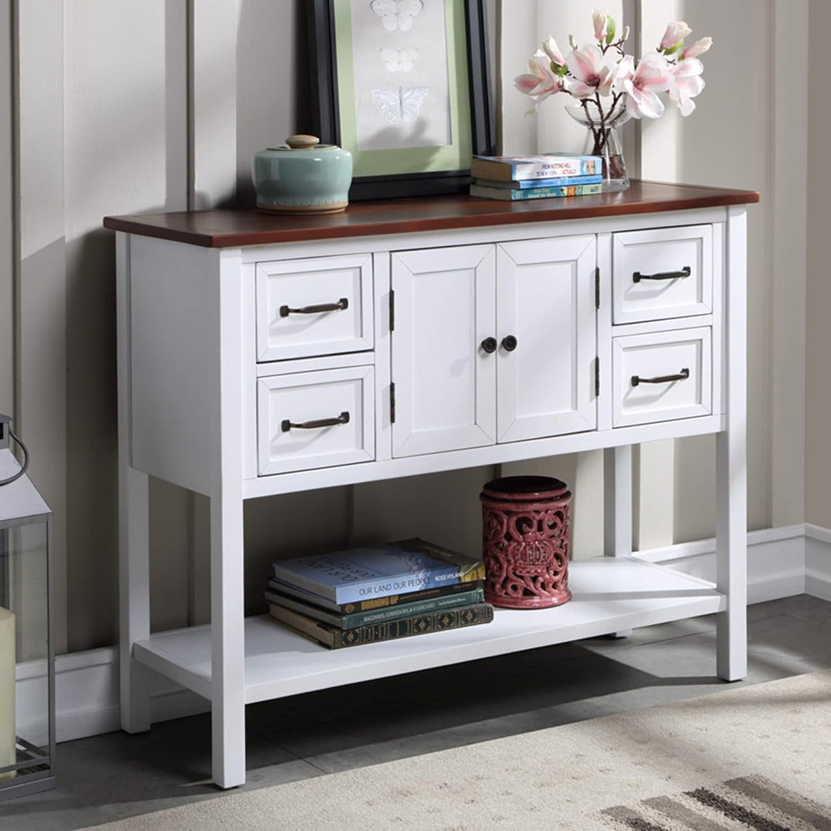 Green Console Table Buffet Sideboard with Storage Drawers Cabinets and Bottom Shelf C646