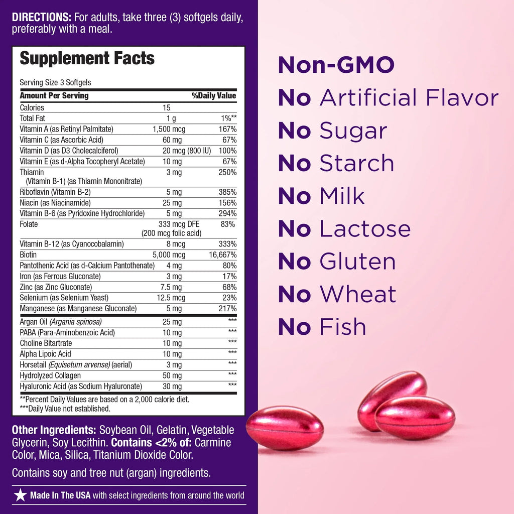 Hair, Skin and Nail Biotin & Vitamins A, C, & E Softgels, 150 Count H8043