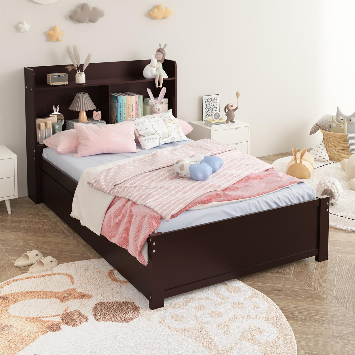 Twin Bed Frame with Trundle and Storage Bookcase, Solid Wood, Espresso Q31391