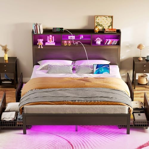 Queen Bed Frame with Storage, 4 Drawer, USB Charging Station, LED Lights, Bookcase Headboard, Black M1663