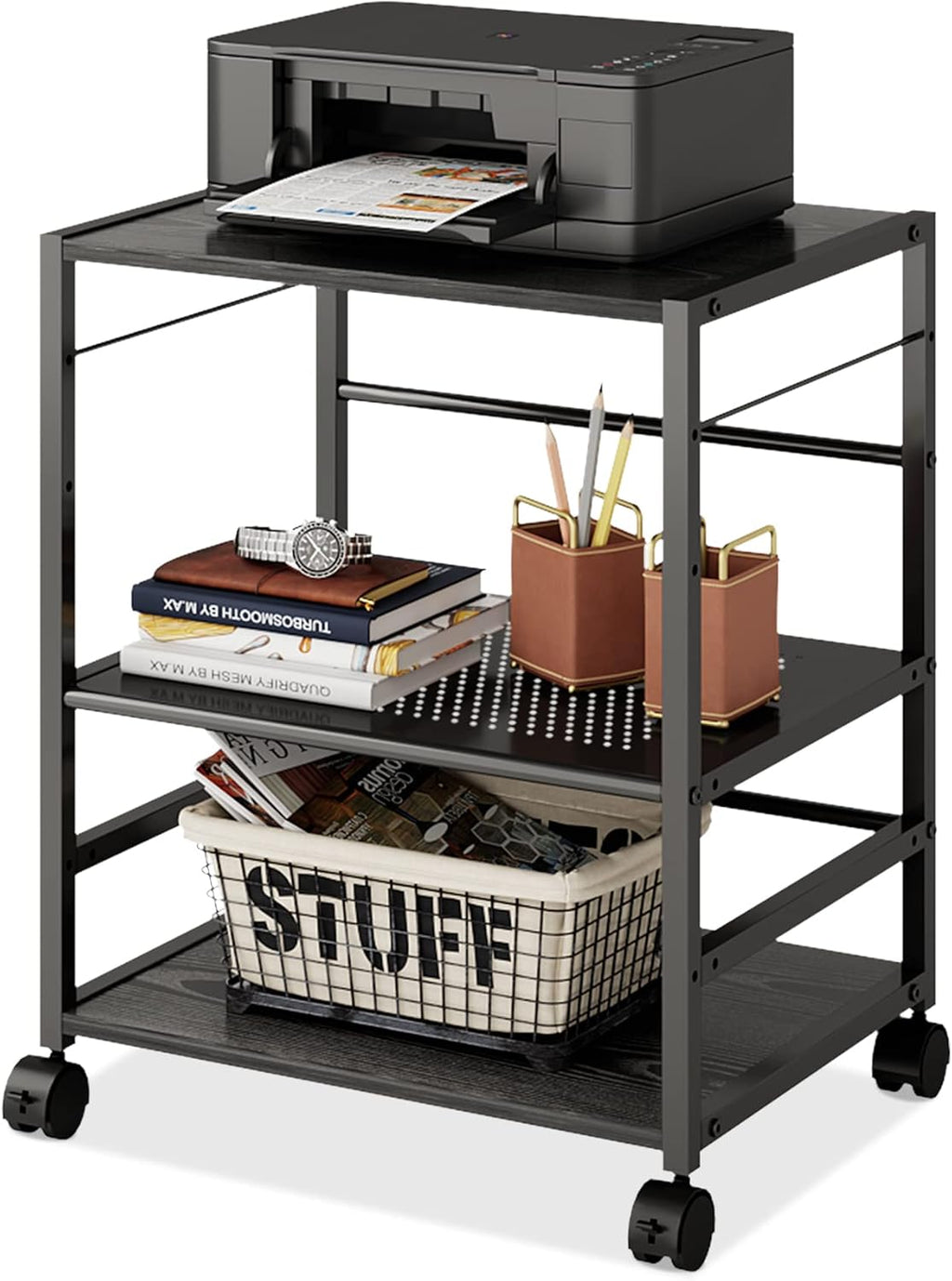 Black Mobile 3-Shelf Printer Stand with Adjustable Shelves Z1984