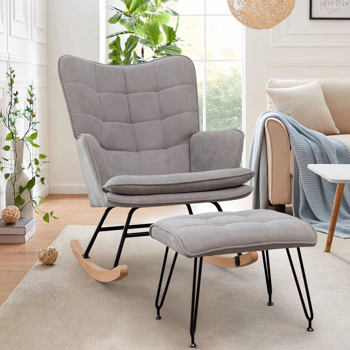 Gray Linen Fabric Rocking Chair with Ottoman E341