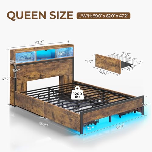 Queen Bed Frame with Storage, 4 Drawer, USB Charging Station, LED Lights, Bookcase Headboard, Black M1663