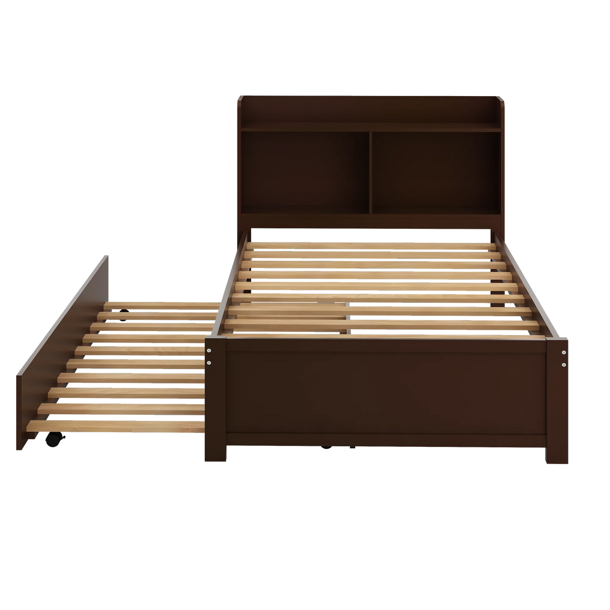Twin Bed Frame with Trundle and Storage Bookcase, Solid Wood, Espresso Q31391