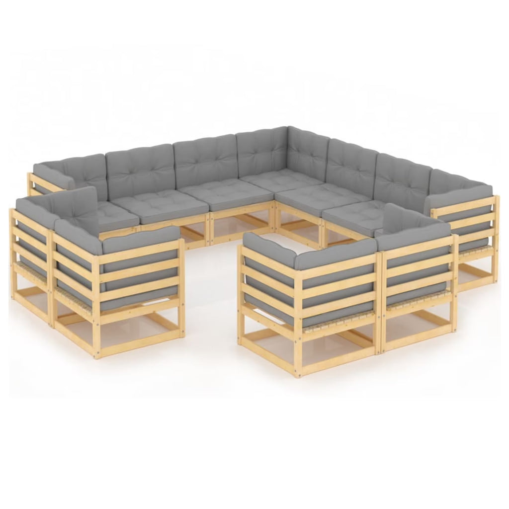 11 Piece Gray Cushion Pinewood Patio Lounge Set I3324