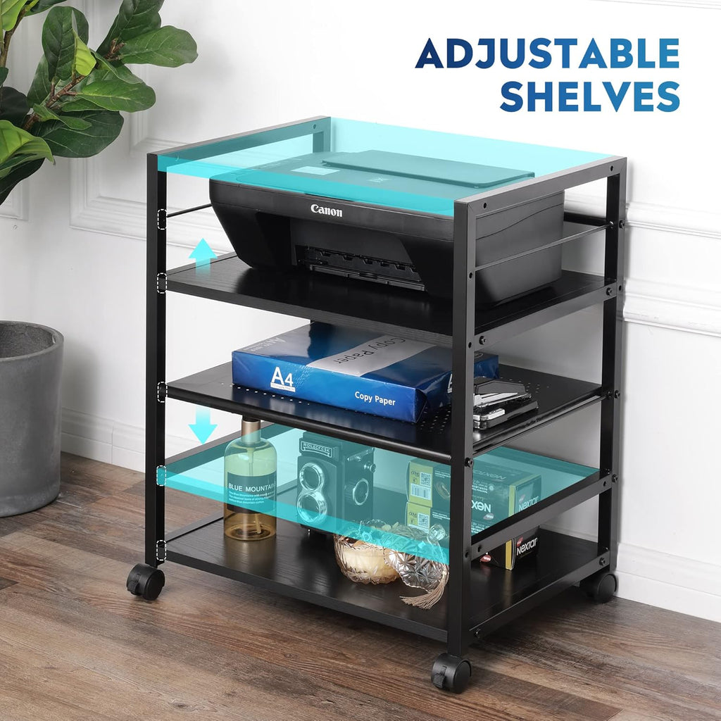 Black Mobile 3-Shelf Printer Stand with Adjustable Shelves Z1984