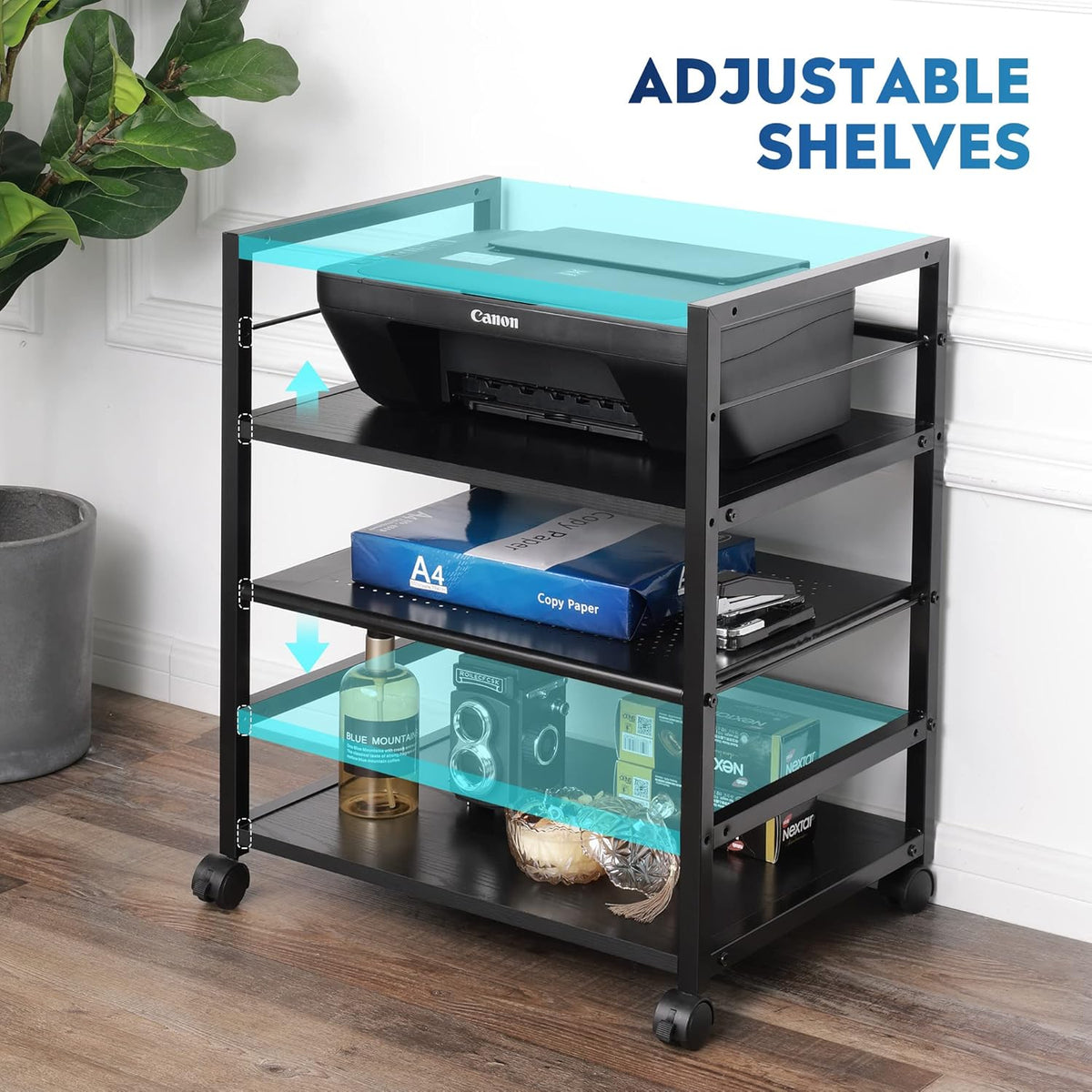 Black Mobile 3-Shelf Printer Stand with Adjustable Shelves Z1984