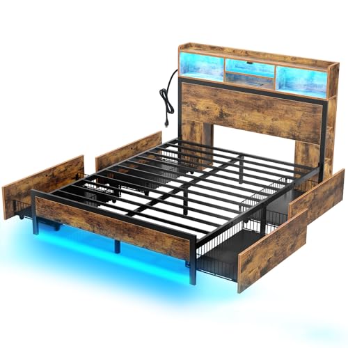 Queen Bed Frame with Storage, 4 Drawer, USB Charging Station, LED Lights, Bookcase Headboard, Black M1663