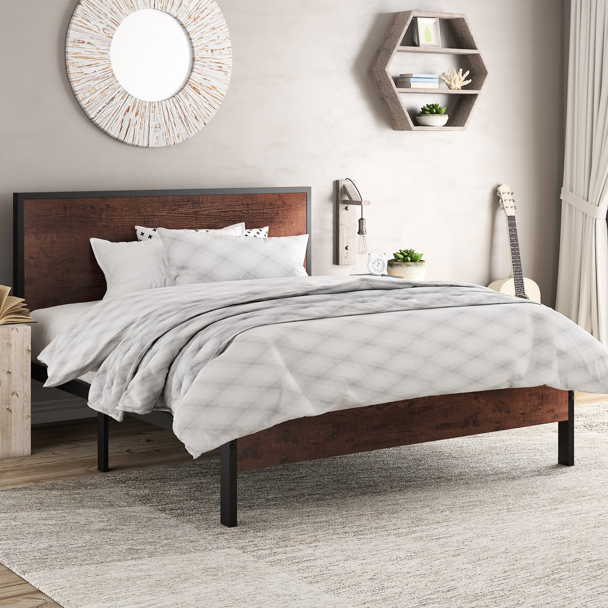 Heavy Duty Full Size Platform Bed Frame with Wood Headboard K238999