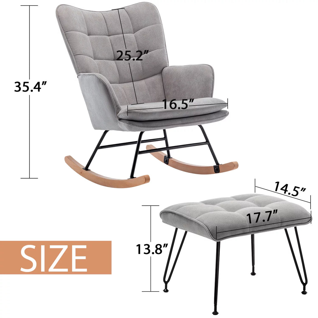 Gray Linen Fabric Rocking Chair with Ottoman E341