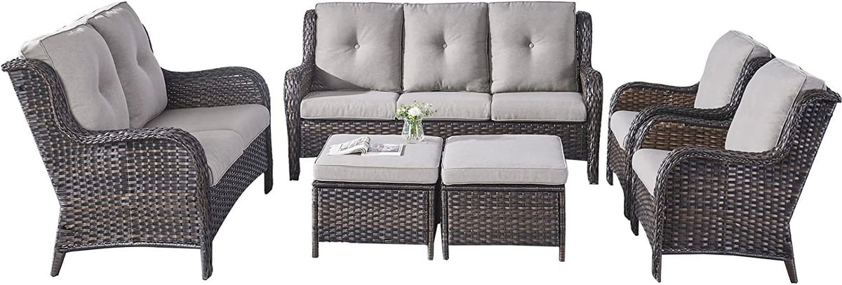 5 Piece Patio Rattan Sectional Sofa Set with 3-Seat Couch 2 Armchairs 2 Ottoman Footrests U8812