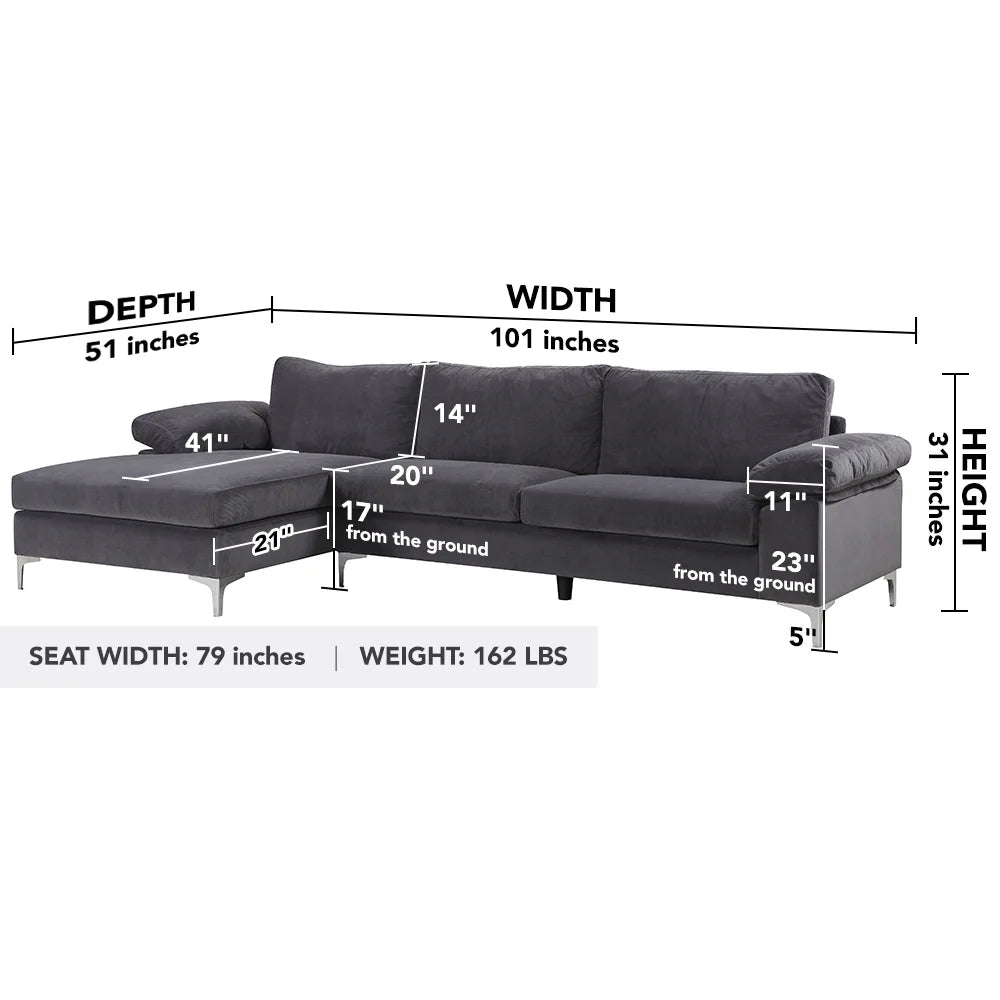 Grey Velvet Fabric Sectional Sofa T660132