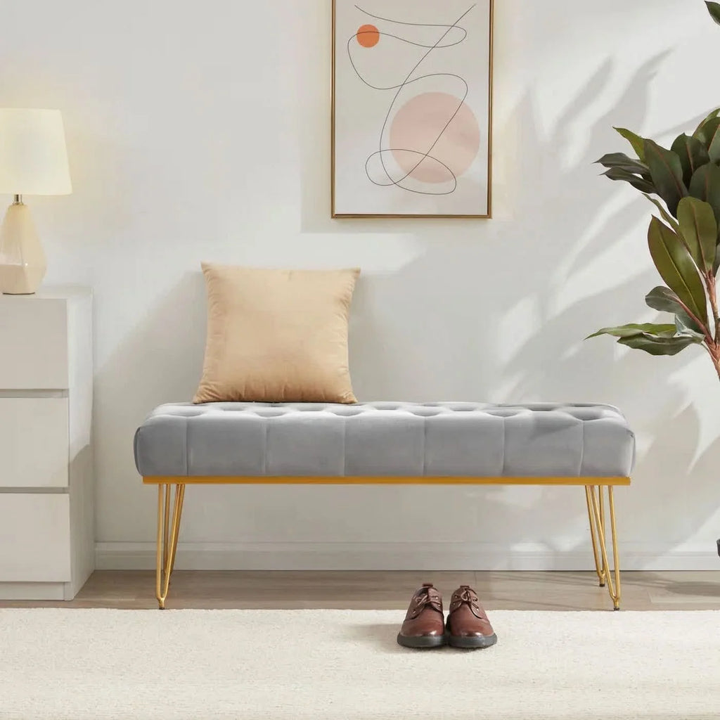 Gray and Golden Velvet Ottoman with Metal Base P714841