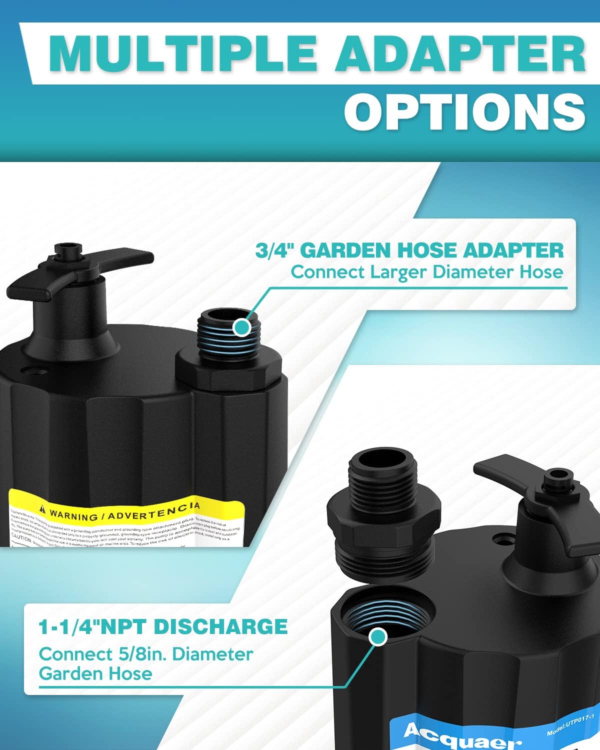 Submersible Water Pump 1/6 HP Thermoplastic Utility Pump 1750GPH with 10 ft Cord Pack of 2 D9899