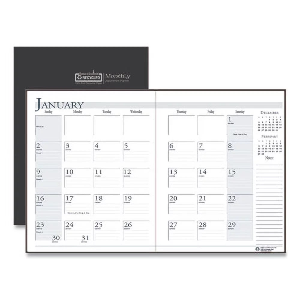 Recycled Ruled 14-Month Planner with Leatherette Cover, Black U949170