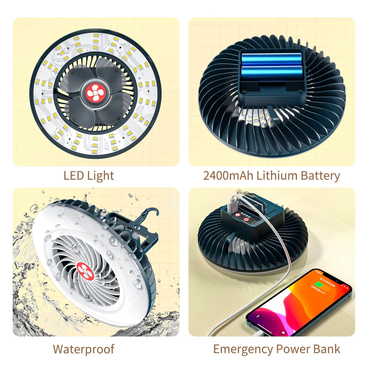 LED Hanging Fan and Portable Lamp, 2 in 1 Camping Tent Fan A255661
