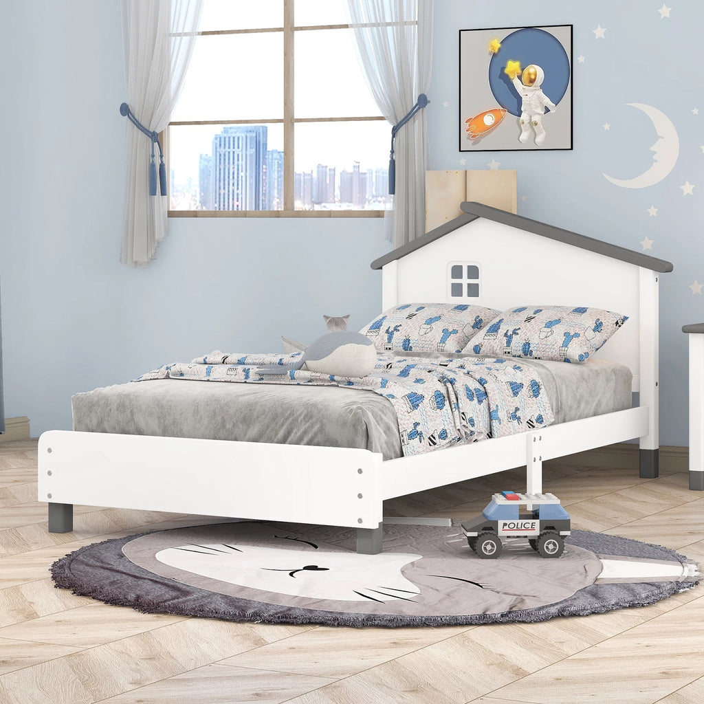 Twin Size Wood Platform Bed with House-Shaped Headboard I8564