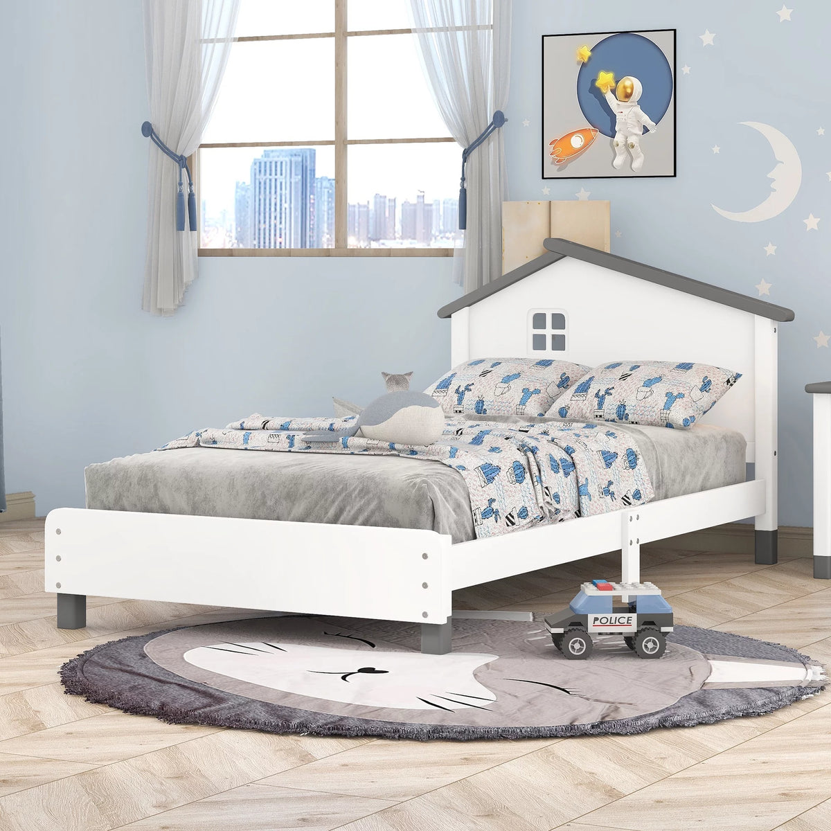 Twin Size Wood Platform Bed with House-Shaped Headboard I8564