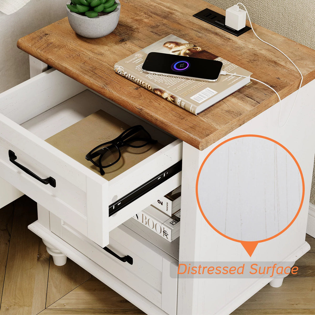 White and Brown Nightstand with Charging Station and Drawer Z8194