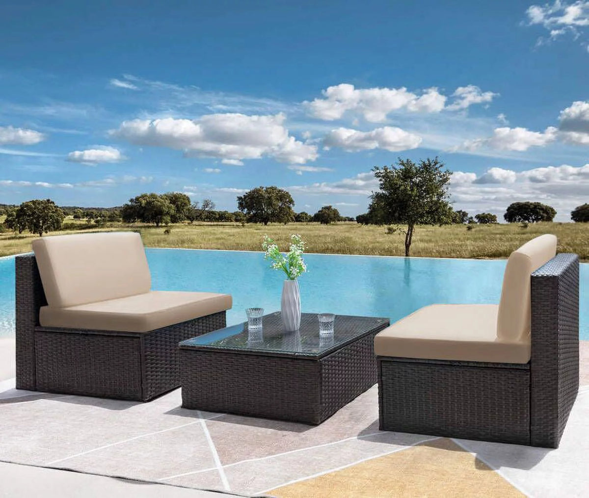 4 Pieces All Weather Patio Sectional Sofa with Cushion and Glass Table E754