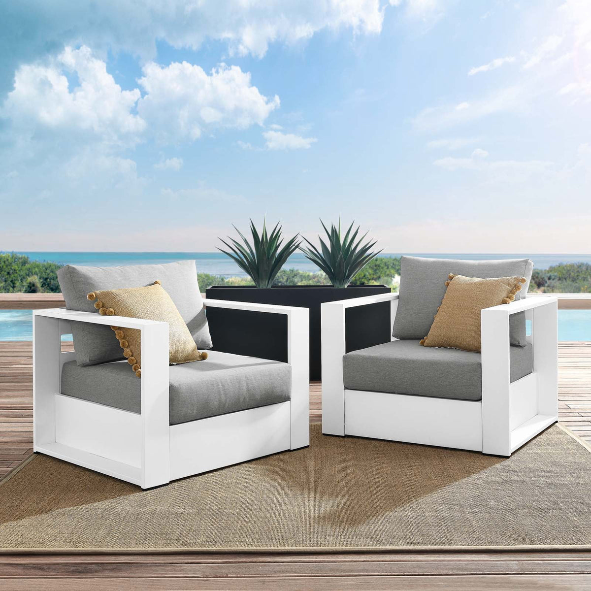 Gray/White Fabric & Aluminum Outdoor Armchair (Set of 2) F347