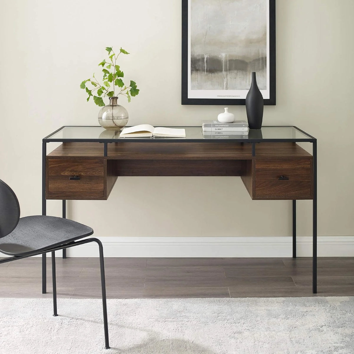 Dark Walnut Glass Top 2 Drawer Computer Desk S33057