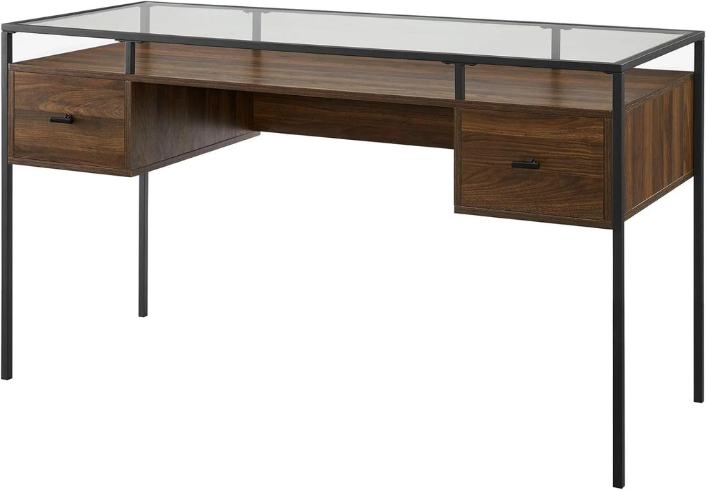 Dark Walnut Glass Top 2 Drawer Computer Desk S33057