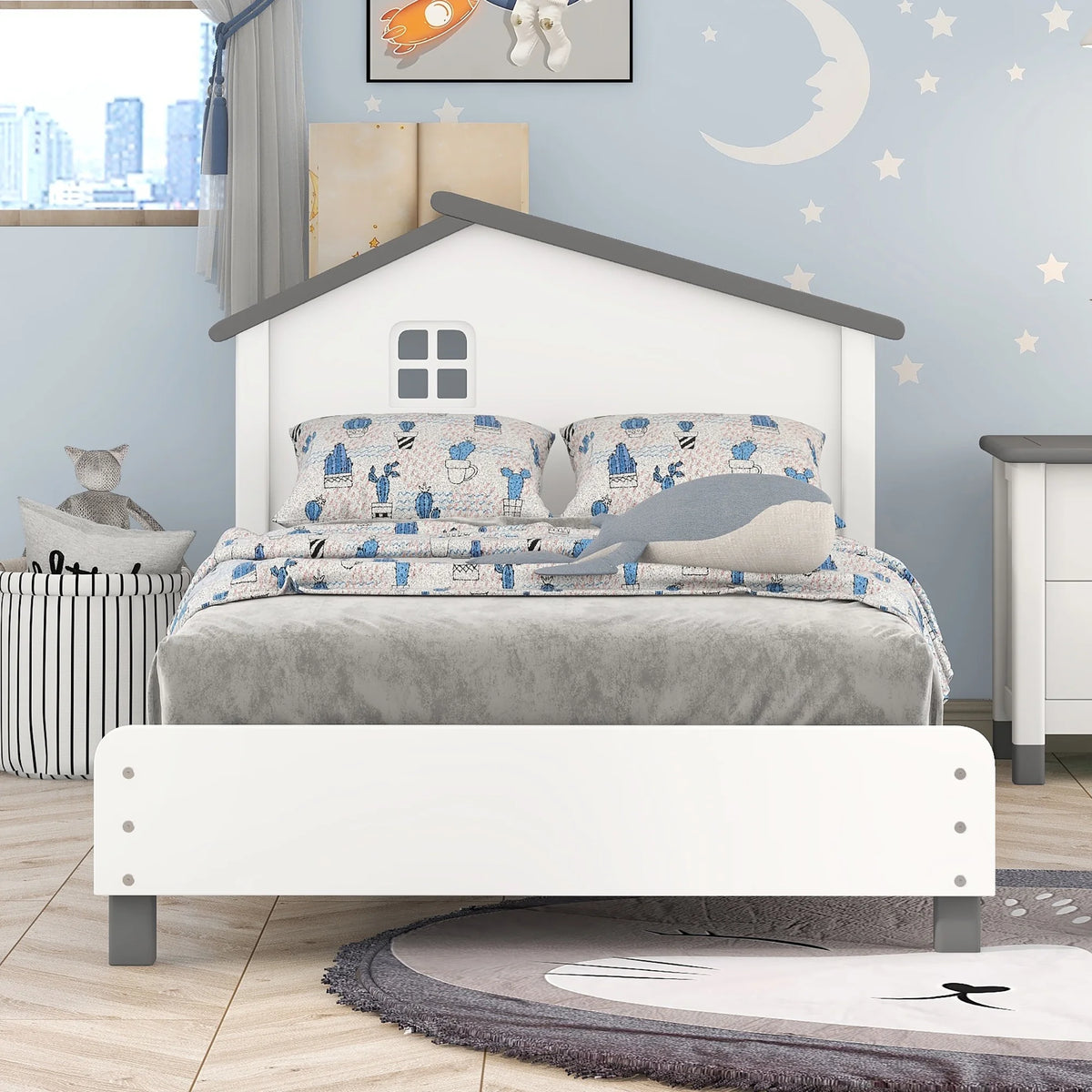 Twin Size Wood Platform Bed with House-Shaped Headboard I8564