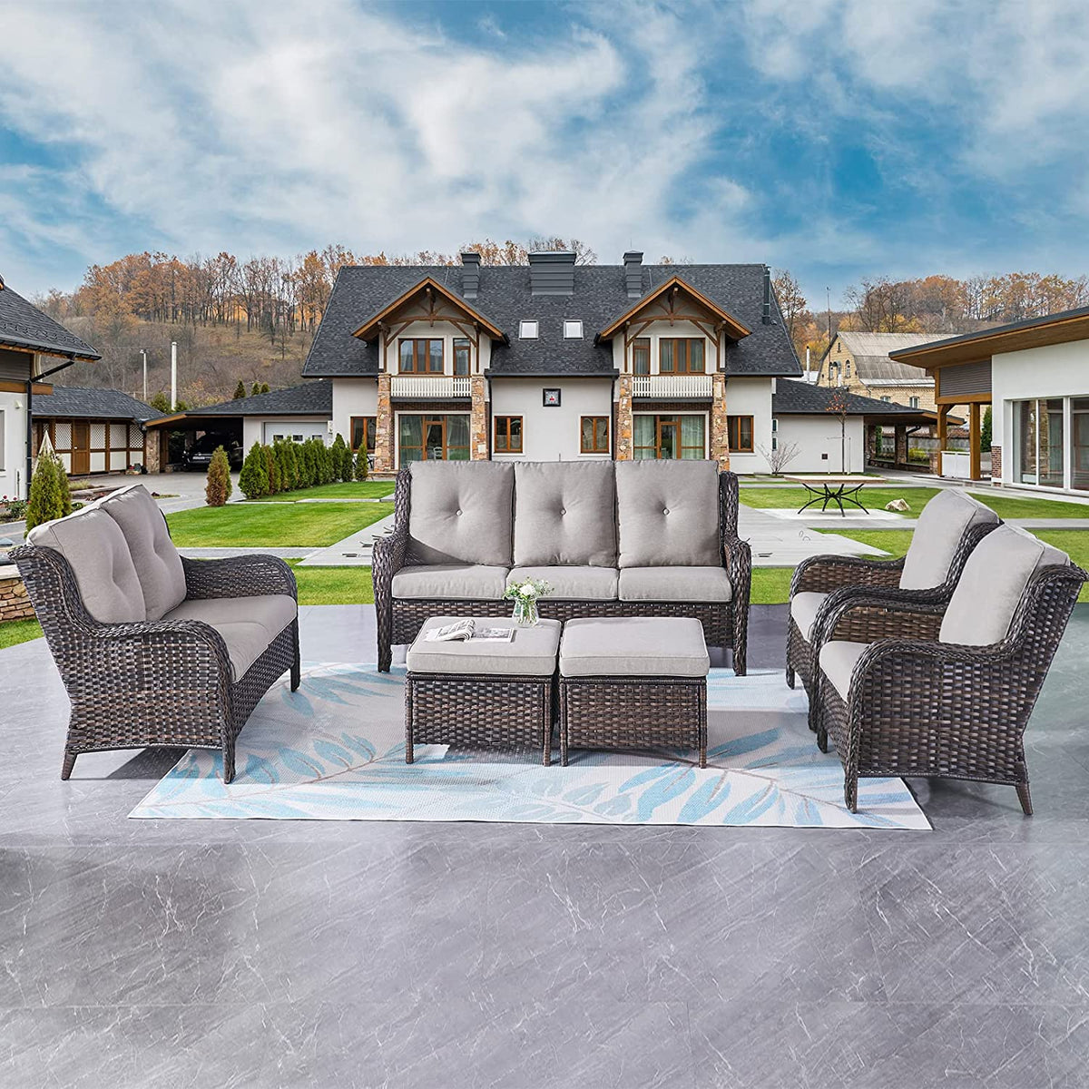 5 Piece Patio Rattan Sectional Sofa Set with 3-Seat Couch 2 Armchairs 2 Ottoman Footrests U8812