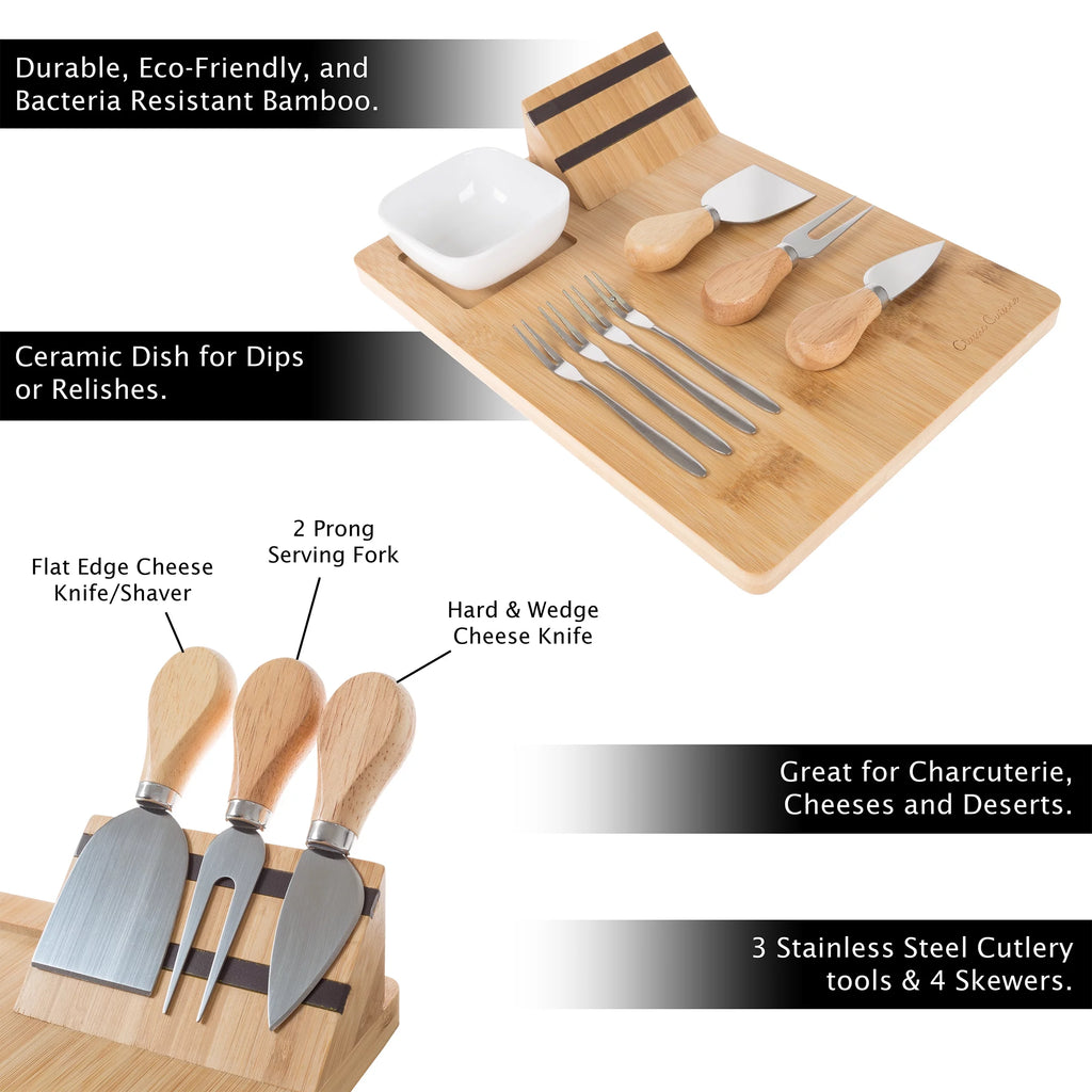 9 Piece Bamboo Cheese Serving Tray Set with Stainless Steel Cutlery and Dip Dish R19924