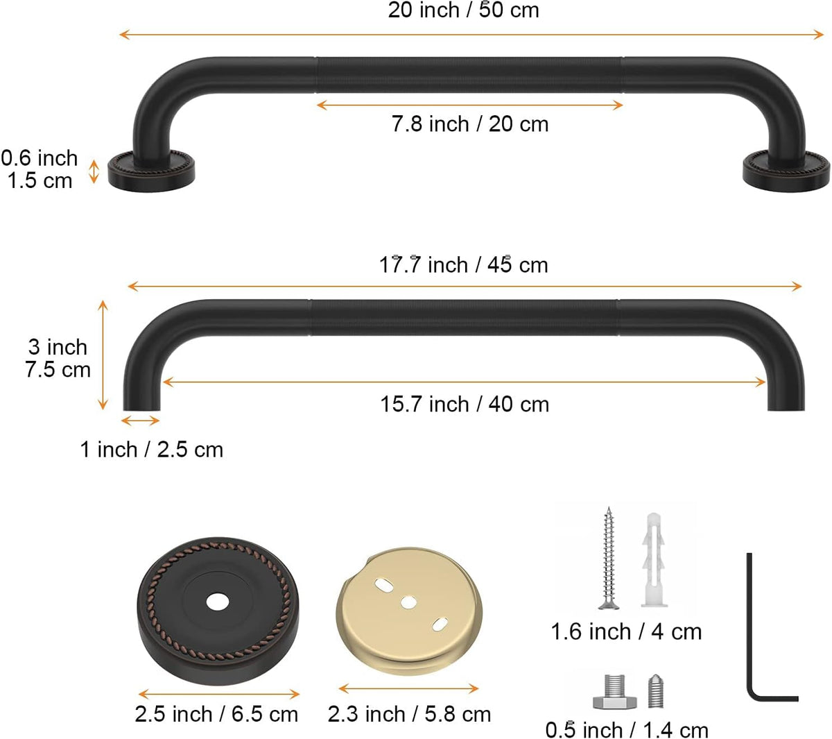 2 Pack 20 Inch Anti Slip Bronze Shower Grab Bar Oil Rubbed Black, Antique Brass Bathroom Grab Bar, Knurled Bath Balance Bar, Safety Handrail Support, Handicap Elderly Senior Assist Bath Handle Pack of 2 S388738
