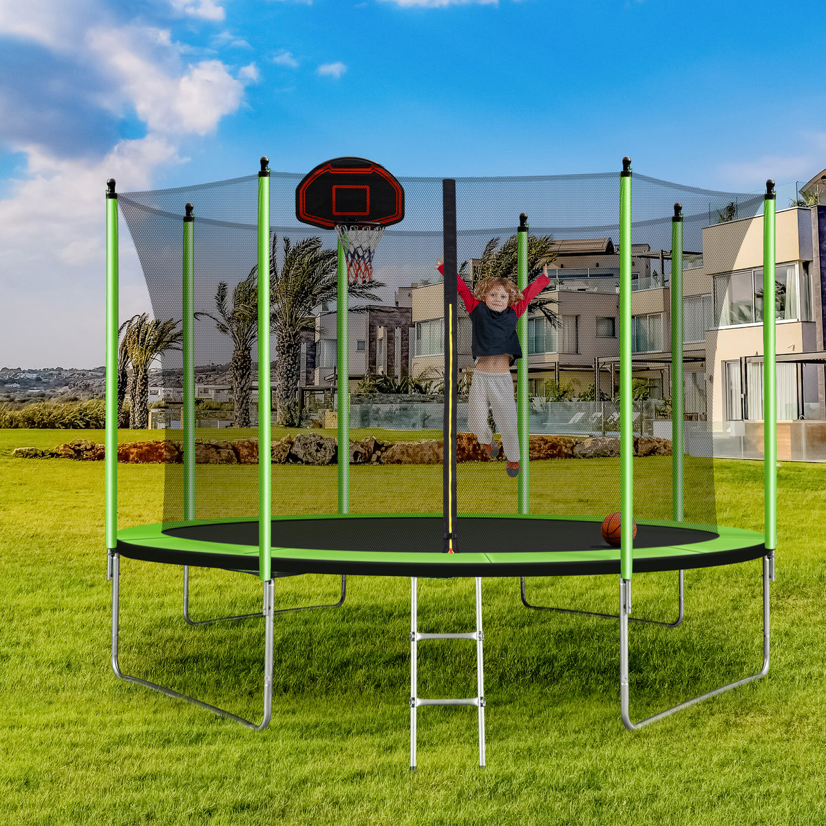 10FT Trampoline with Basketball Hoop and Ladder D79370