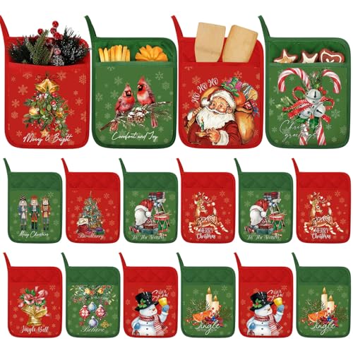 12 Pcs Christmas Pot Holders with Pocket Red and Green Heat Resistant Oven Mitts K8371