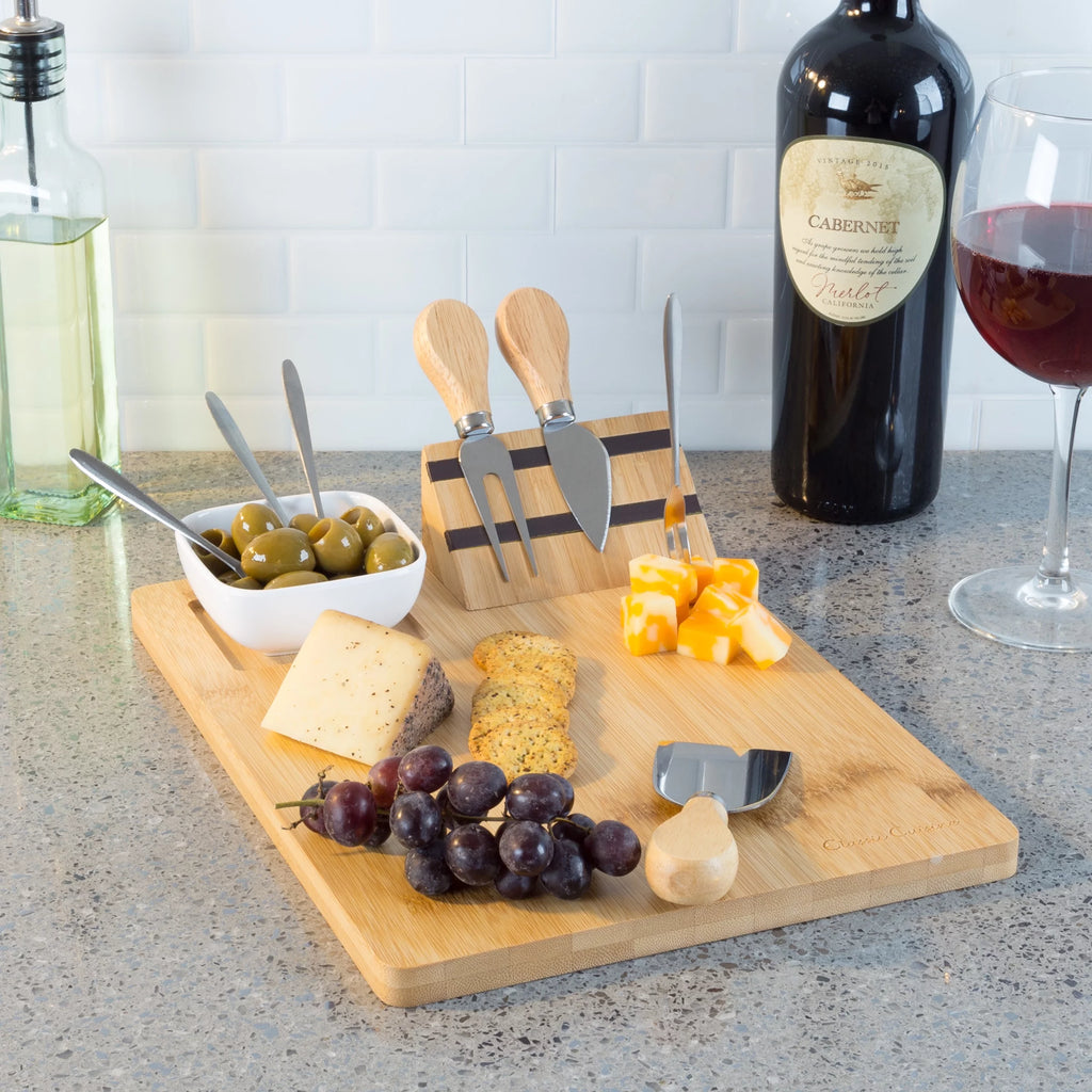 9 Piece Bamboo Cheese Serving Tray Set with Stainless Steel Cutlery and Dip Dish R19924
