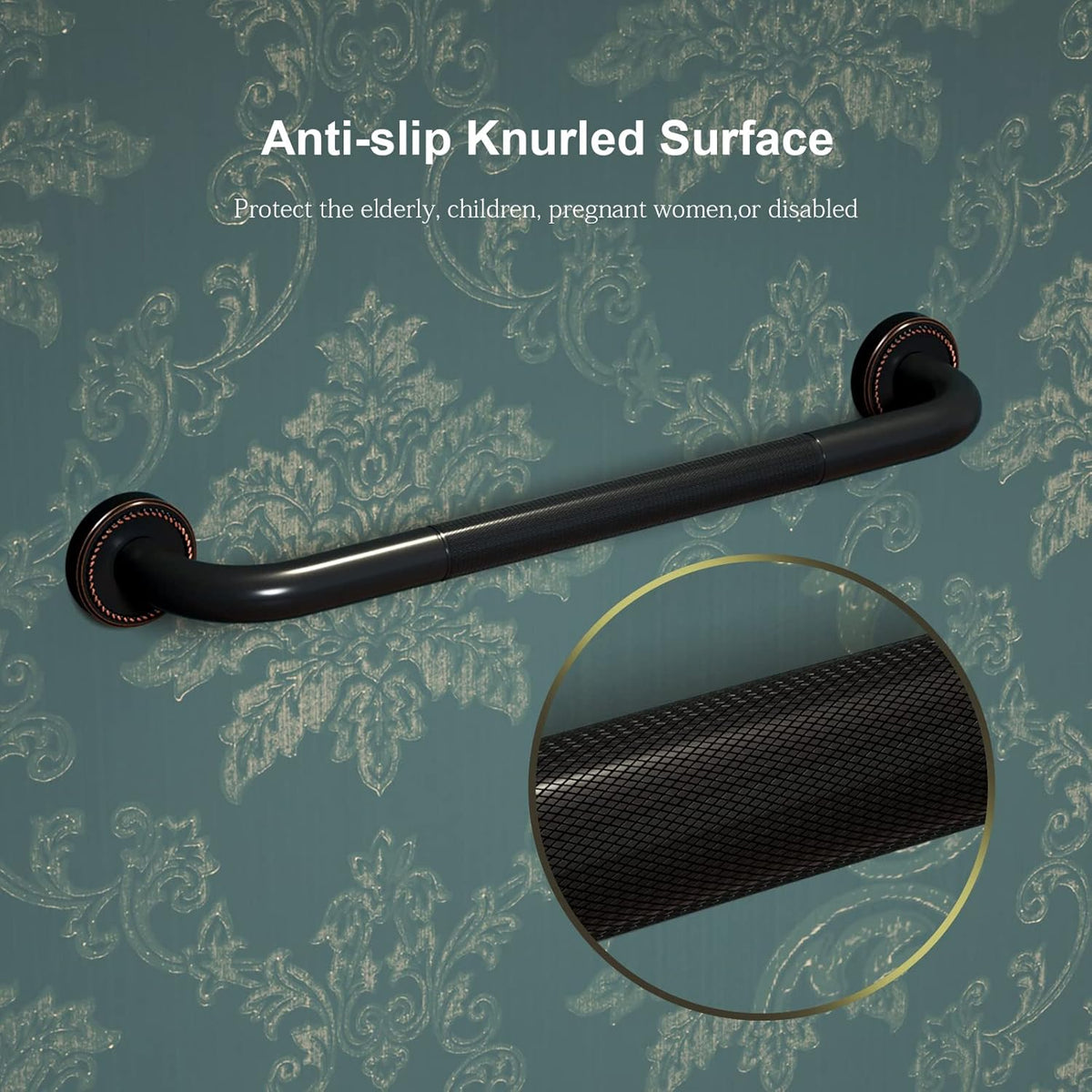 2 Pack 20 Inch Anti Slip Bronze Shower Grab Bar Oil Rubbed Black, Antique Brass Bathroom Grab Bar, Knurled Bath Balance Bar, Safety Handrail Support, Handicap Elderly Senior Assist Bath Handle Pack of 2 S388738