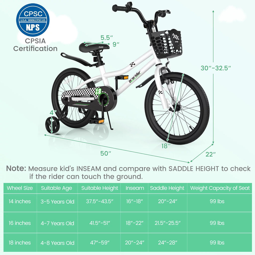 18 Inch Kids Bike with Training Wheels and Basket V67750