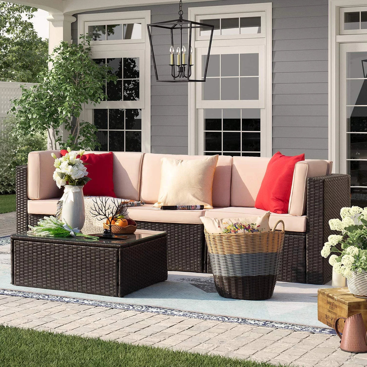 4 Pieces All Weather Patio Sectional Sofa with Cushion and Glass Table E754
