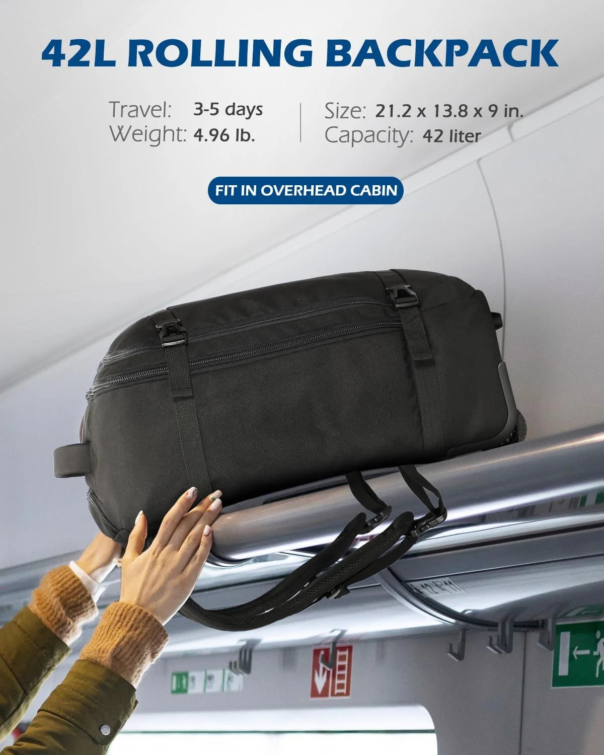 42L Trolley Backpack with 2 Wheels Softside Carry-on Luggage G395