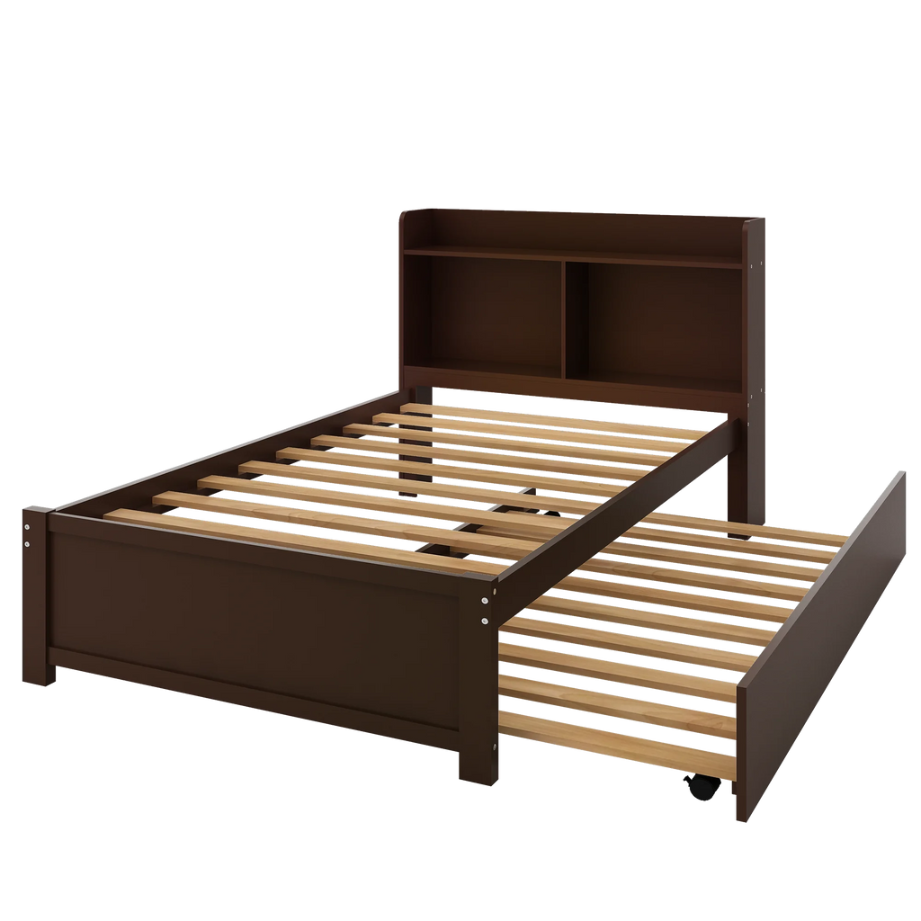 Twin Bed Frame with Trundle and Storage Bookcase, Solid Wood, Espresso Q31391
