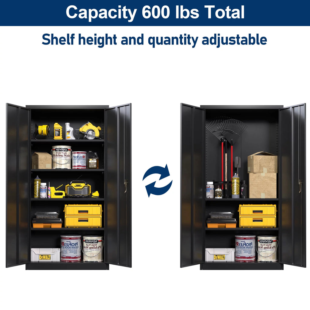 Metal Storage Cabinet with Lock, 4 Adjustable Shelves, 2 Door, Black G667